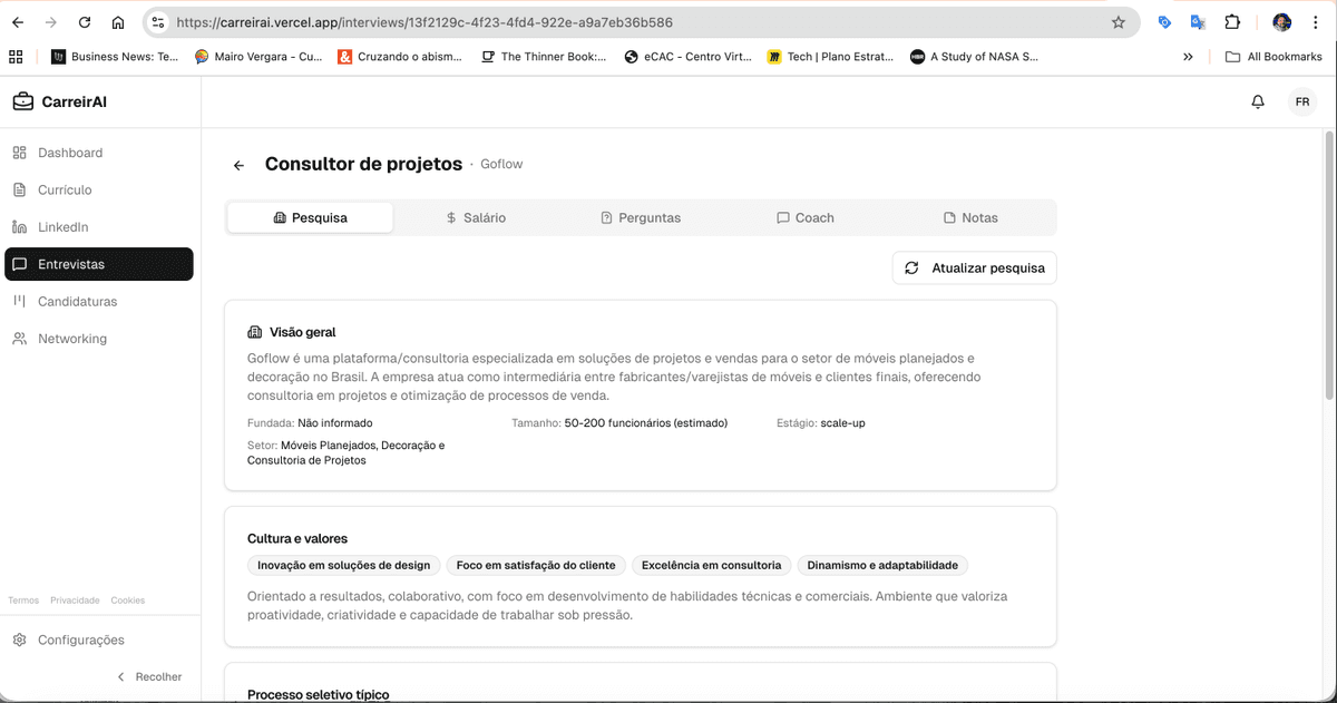Prep de entrevista com pesquisa da empresa